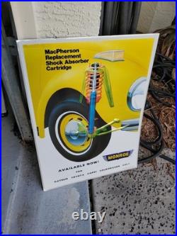C. 1970s Original Vintage Monroe Shocks Sign Metal Embossed VW Beetle Gas Oil