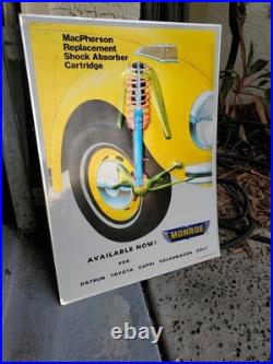 C. 1970s Original Vintage Monroe Shocks Sign Metal Embossed VW Beetle Gas Oil