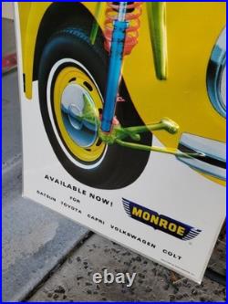 C. 1970s Original Vintage Monroe Shocks Sign Metal Embossed VW Beetle Gas Oil