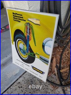C. 1970s Original Vintage Monroe Shocks Sign Metal Embossed VW Beetle Gas Oil