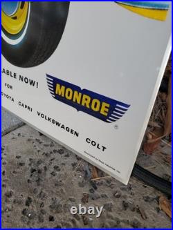 C. 1970s Original Vintage Monroe Shocks Sign Metal Embossed VW Beetle Gas Oil