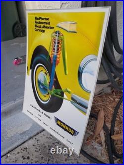 C. 1970s Original Vintage Monroe Shocks Sign Metal Embossed VW Beetle Gas Oil