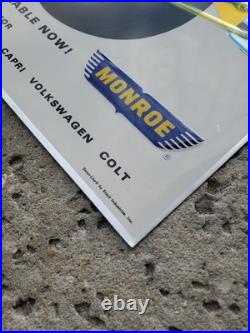 C. 1970s Original Vintage Monroe Shocks Sign Metal Embossed VW Beetle Gas Oil