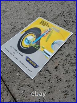 C. 1970s Original Vintage Monroe Shocks Sign Metal Embossed VW Beetle Gas Oil