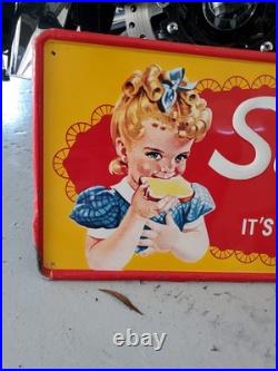 C. 1971 Original Vintage Sunbeam Bread Sign Metal Embossed Batter Whipped Grocery