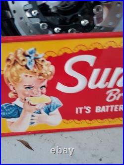 C. 1971 Original Vintage Sunbeam Bread Sign Metal Embossed Batter Whipped Grocery
