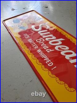 C. 1971 Original Vintage Sunbeam Bread Sign Metal Embossed Batter Whipped Grocery