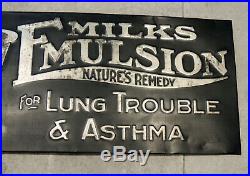 C1910 TIN SIGN Antique vtg Milk's Emulsion ASTHMA Lung Smoking Medicine Drugs