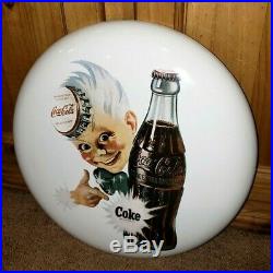 COKE-TACULAR Vintage Coca-Cola Porcelain Enamel 16 Sprite Boy Button Sign MINT