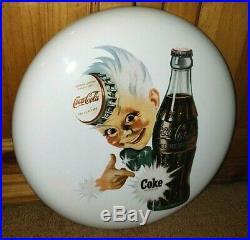 COKE-TACULAR Vintage Coca-Cola Porcelain Enamel 16 Sprite Boy Button Sign MINT