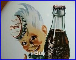 COKE-TACULAR Vintage Coca-Cola Porcelain Enamel 16 Sprite Boy Button Sign MINT