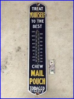 Chew Mail Pouch Tobacco Porcelain Advertising Original Vintage Thermometer Sign