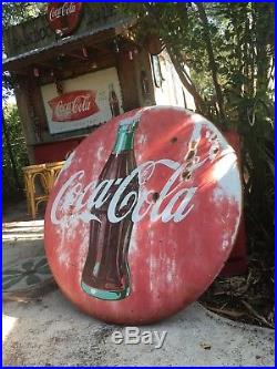 Coca Cola 1950s Vintage Original 48 Inch Bottle Button Advertising Metal Sign