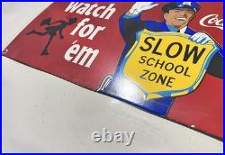 Coca Cola Slow School Zone Officer Porcelain Enamel Vintage Sign Metal 20 x 13