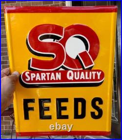 Colorful ORIGINAL EMBOSSED vintage SQ Spartan Quality Feeds ADVERTISING SIGN Colorful ORIGINAL EMBOSSED vintage SQ Spartan Quality Feeds ADVERTISING SIGN