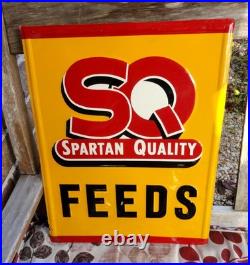 Colorful ORIGINAL EMBOSSED vintage SQ Spartan Quality Feeds ADVERTISING SIGN Colorful ORIGINAL EMBOSSED vintage SQ Spartan Quality Feeds ADVERTISING SIGN