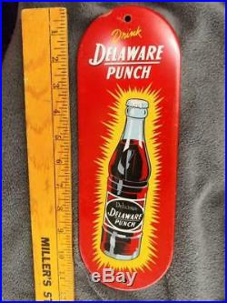 EARLY VINTAGE DELAWARE PUNCH TIN LITHO DOOR PUSH SIGN WithART-DECO BOTTLE-11.5X4