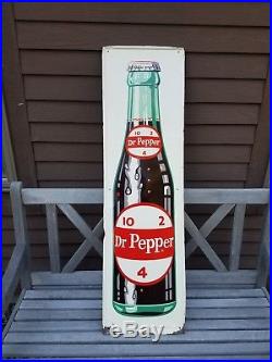 Early Vintage 50s Embossed Dr Pepper Soda Pop Bottle 48 Metal Advertising Sign