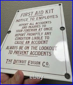 First Aid Kit Porcelain Sign Rare 1930's Detroit Edison Company Enamel Sign VTG First Aid Kit Porcelain Sign Rare 1930's Detroit Edison Company Enamel Sign VTG