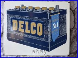 GIANT VINTAGE DELCO AMERICA'S NO. 1 BATTERY PORCELAIN SIGN 24x20