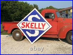 GUARANTEED ORIGINAL Vintage 7' SKELLY Gas OIL Sign PORCELAIN Garage Mancave OLD