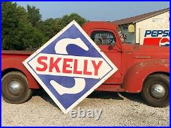 GUARANTEED ORIGINAL Vintage 7' SKELLY Gas OIL Sign PORCELAIN Garage Mancave OLD