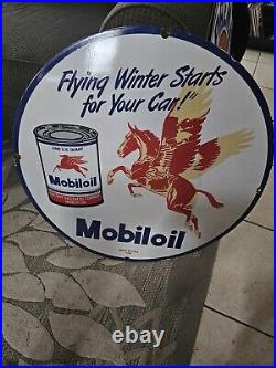 Giant Vintage Mobiloil Pegasus Porcelain Enamel Sign 30 Inches Round