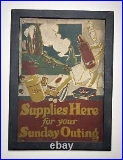 Great Vtg/ Antique Hand Painted PA Advertisement Sign Supplies Sunday Outings