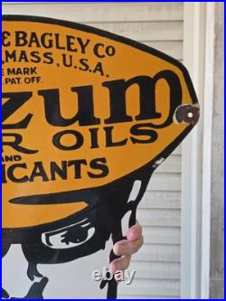 HUGE VINTAGE OILZUM MOTOR OILS AUTO SUPPLIES PORCELAIN SIGN 30 x 17