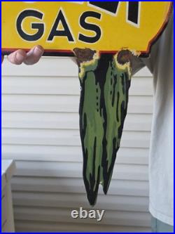 HUGE VINTAGE UNIQUE DIE CUT POLY GAS PORCELAIN FLANGE SIGN 36x14.5