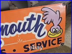 Huge Vintage Plymouth Parts And Service Roadrunner Porcelain Sign 30 X 15