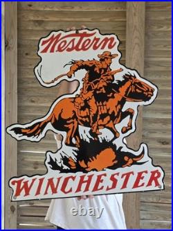 Huge Vintage Western Winchester Porcelain Sign Gun Ammo Appx 28 X 26