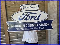 Huge Vintage Your Local Ford Authorized Service Station Porcelain Sign 36 X 20