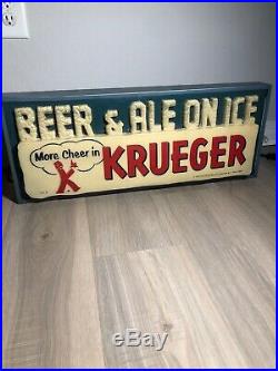 Krueger Beer and Ale on Ice Vintage 1950s Light Up Sign with Two Tin Trays