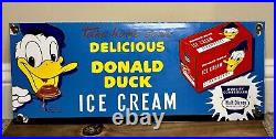 LARGE VINTAGE DONALD DUCK ICE CREAM 8 x 20 PORCELAIN GAS PUMP ADVERTISING SIGN