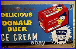 LARGE VINTAGE DONALD DUCK ICE CREAM 8 x 20 PORCELAIN GAS PUMP ADVERTISING SIGN