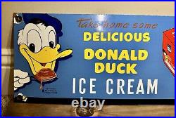 LARGE VINTAGE DONALD DUCK ICE CREAM 8 x 20 PORCELAIN GAS PUMP ADVERTISING SIGN