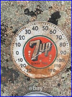 LOT Of 2 Large Antique Vintage 7Up Soda POP Bubble Pam Thermometer Drink Sign