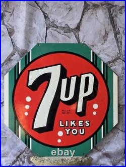 Large Heavy Vintage'7up Likes You' Porcelain Advertising Porcelain Sign 20