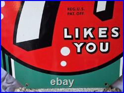 Large Heavy Vintage'7up Likes You' Porcelain Advertising Porcelain Sign 20