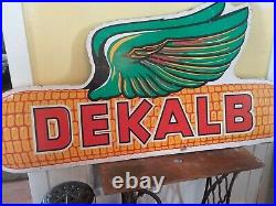 Large VINTAGE Wooden DEKALB ADVERTISING SIGN Ear of Corn. 63 1/2 ×33 dbl. Side