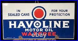 Large Vintage 1934 Dated Havoline Wax Free Motor Oil Porcelain Gas Pump Sign