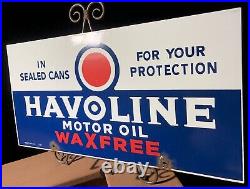 Large Vintage 1934 Dated Havoline Wax Free Motor Oil Porcelain Gas Pump Sign