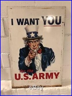 Large Vintage 1940's WWII U. S. Army Uncle Sam 2 Sided 38 Metal Gas Oil Sign