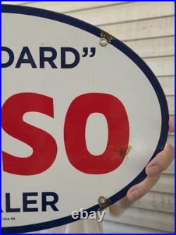 Large Vintage 1956 Esso Standard Gasoline Porcelain Enamel Sign 16.5 X 11