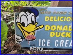 Large Vintage Donald Duck Ice Cream 20 Porcelain Gas Pump Advertising Sign Large Vintage Donald Duck Ice Cream 20 Porcelain Gas Pump Advertising Sign