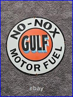 Large Vintage Gulf No-nox Motor Fuel Dealer Porcelain Gas Station Pump Sign 30