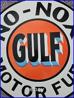 Large Vintage Gulf No-nox Motor Fuel Dealer Porcelain Gas Station Pump Sign 30