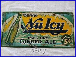 Large Vintage NuIcy Nu Icy Ginger Ale Embossed Metal Sign Approx 11 x 23