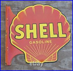 Large Vintage Shell Gasoline Double-sided Porcelain Flange Sign 17 X 17